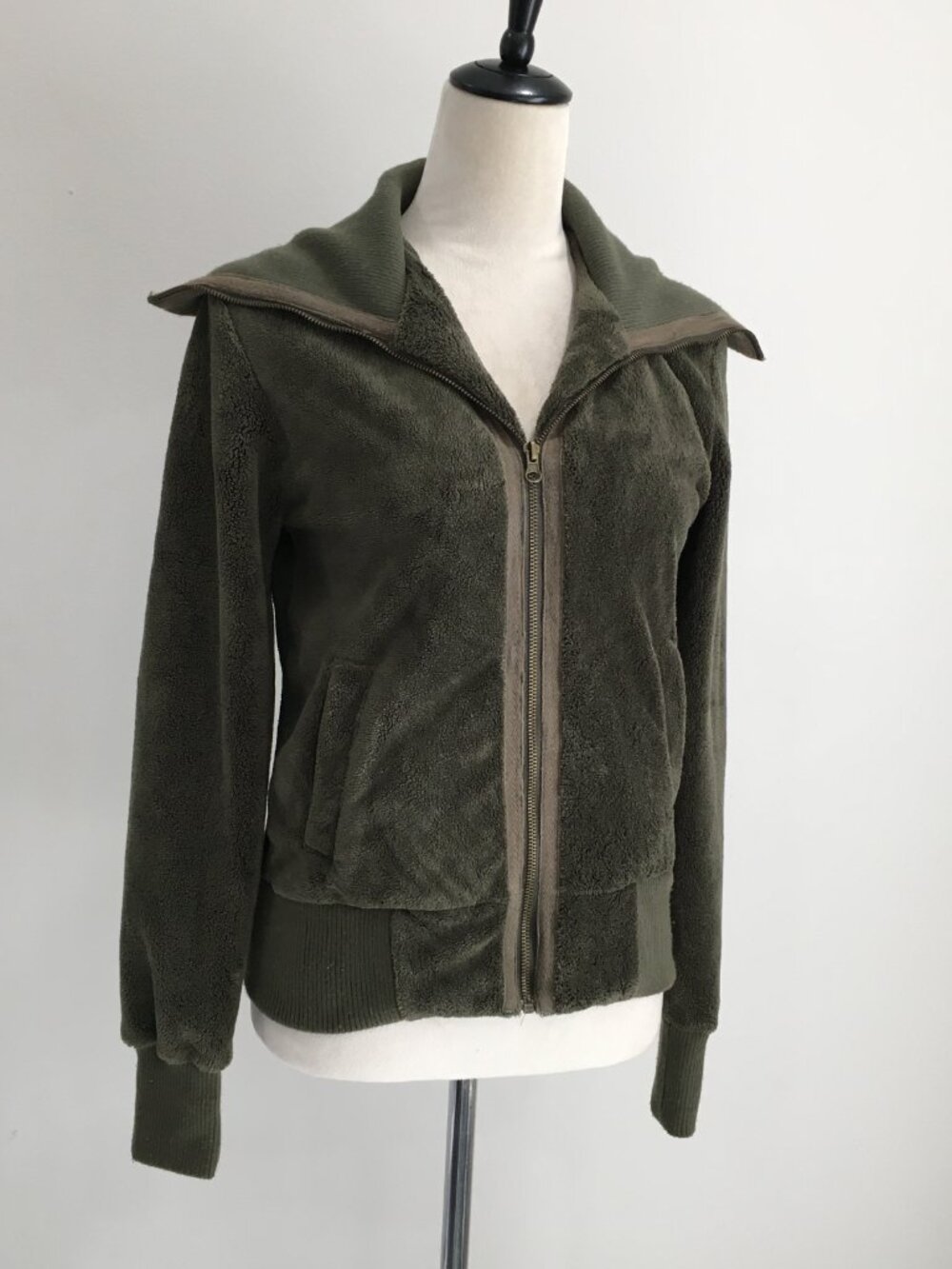 JACK BB Dakota Long Sleeve Green Ribbed Large Collar Fleece Bomber Jacket